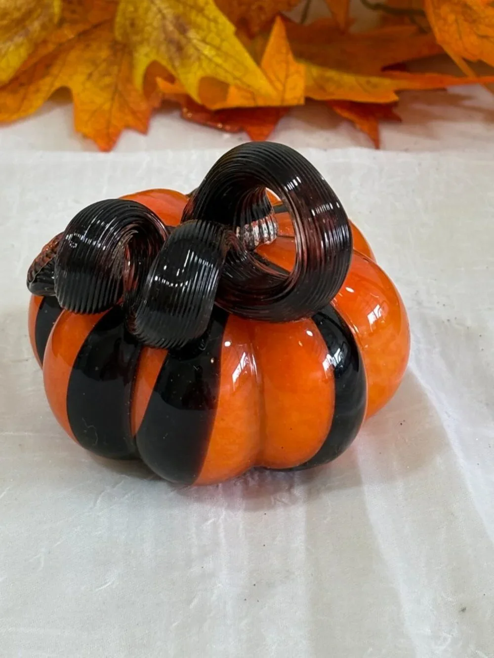 Hand Blown Art Glass Pumpkin Orange & Black Striped Designer Halloween Decor New